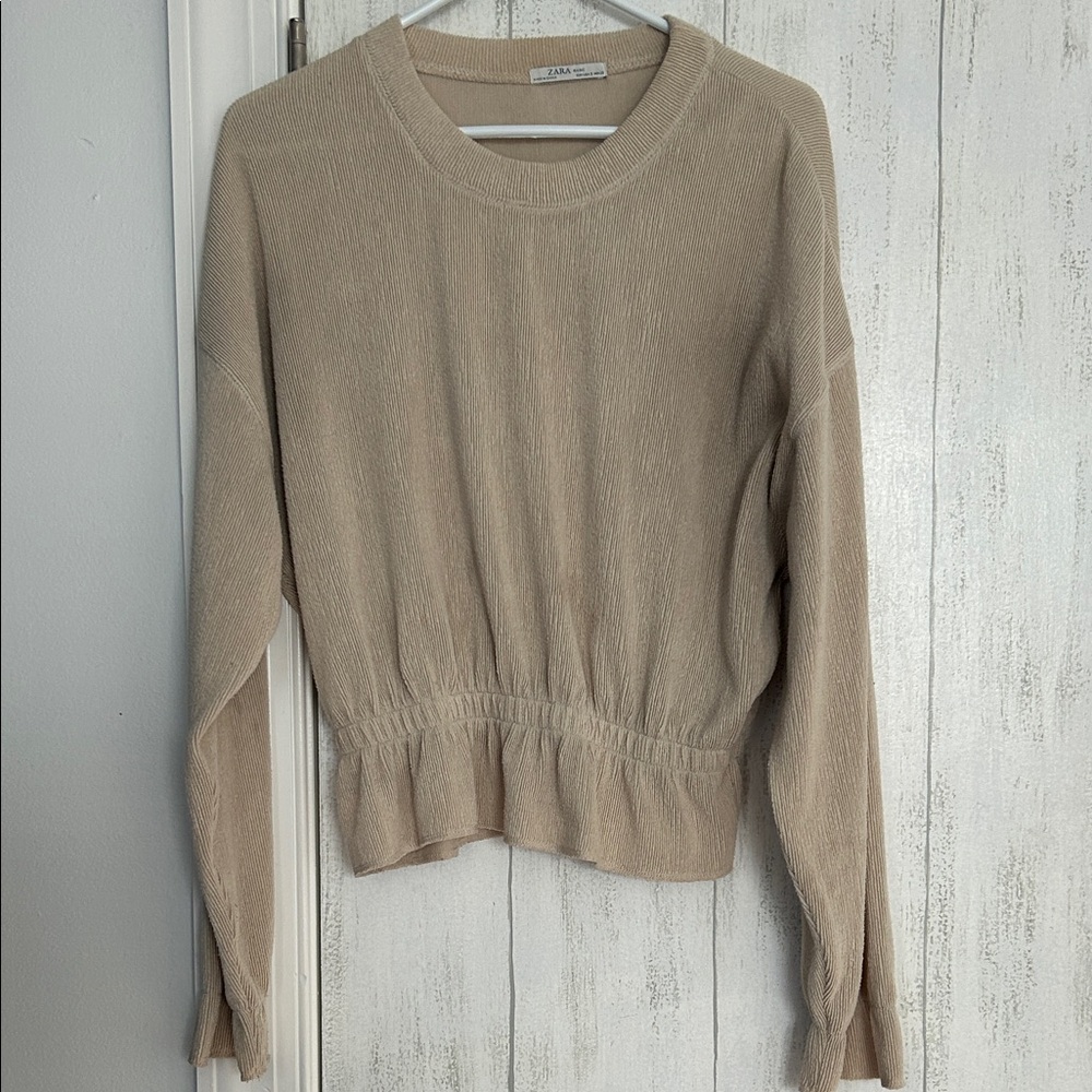 Zara Tan Ruffle Sleeve - Ribbed Knit Top